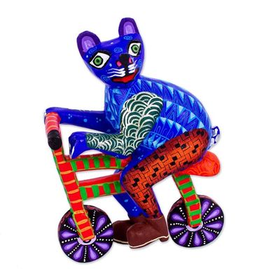 Alternate image for Hand Painted Alebrije Cat Figurine Bicycle Cat