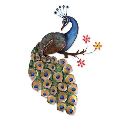 Alternate image for Floral Steel Peacock Wall Sculpture from Mexico Peacock and Flowers