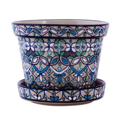 Alternate image for Artisan Crafted Plant Pot and Saucer in Blue and Green Guanajuato Azul