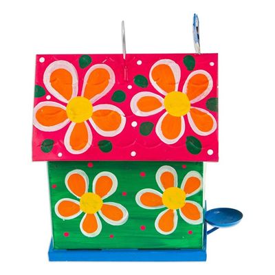 Alternate image for Hand-Painted Floral Tin Birdhouse and Feeder with Blue Bird Merry Feathers