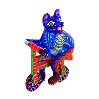 Alternate image for Hand Painted Alebrije Cat Figurine Bicycle Cat