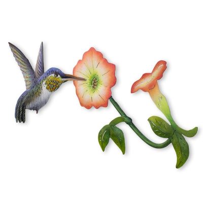 Alternate image for Hummingbird and Flowers Steel Wall Art Crafted by Hand Exotic Nectar in Orange