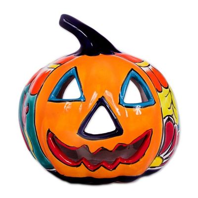 Alternate image for Ceramic Jack-O-Lantern Candle Holder from Mexico Floral Halloween
