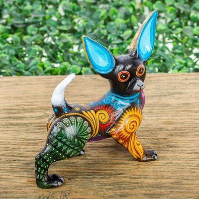 Alternate image for Signed Multicolored Wood Chihuahua Alebrije Black Chihuahua
