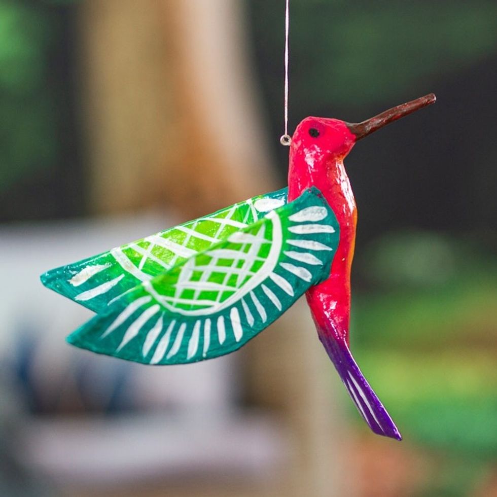 Handmade Pink Hummingbird Papier Mache Ornament from Mexico 'Pink and Green Hummingbird'