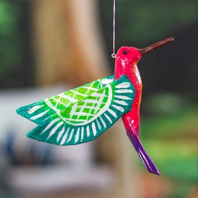 Alternate image for Handmade Pink Hummingbird Papier Mache Ornament from Mexico Pink and Green Hummingbird