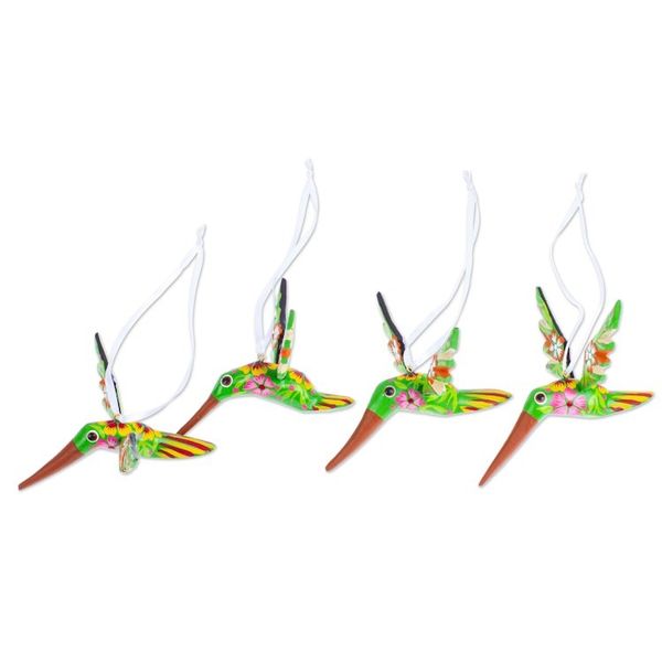 Alternate image for Set of 4 Handcrafted Copal Wood Bird Ornaments in Kiwi Kiwi Flutter