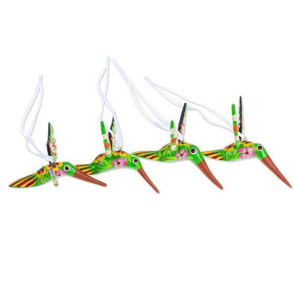 Alternate image for Set of 4 Handcrafted Copal Wood Bird Ornaments in Kiwi Kiwi Flutter