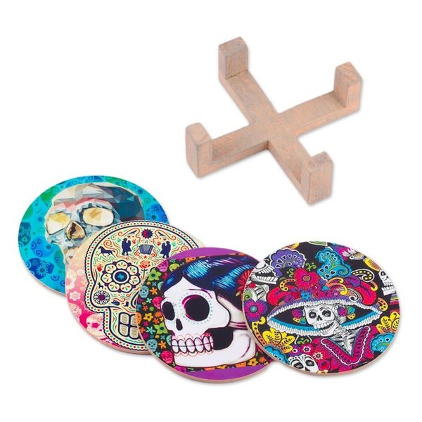 Alternate image for Day of the Dead Decoupage Coasters and Stand Set of 4 Festival of the Dead