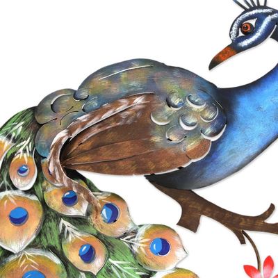 Alternate image for Floral Steel Peacock Wall Sculpture from Mexico Peacock and Flowers