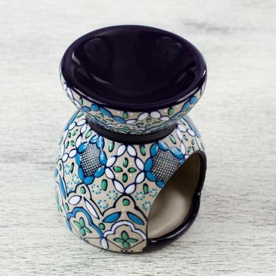 Alternate image for Handcrafted Floral Geometric Ceramic Oil Warmer Guanajuato Blue