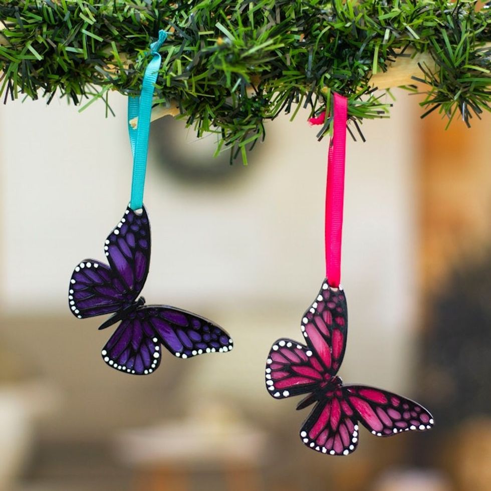 Pair of Hand-Painted Wood Butterfly Ornaments with Ribbons 'Monarchs of Hope'