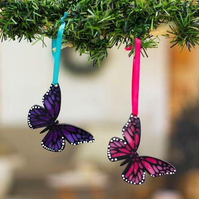 Alternate image for Pair of Hand-Painted Wood Butterfly Ornaments with Ribbons Monarchs of Hope
