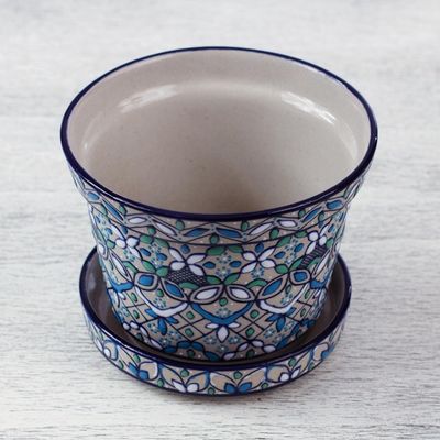 Alternate image for Artisan Crafted Plant Pot and Saucer in Blue and Green Guanajuato Azul