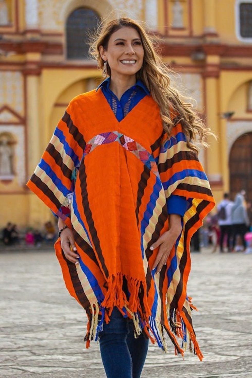 Striped Cotton Poncho in Vermilion from Mexico 'Vermilion Style'