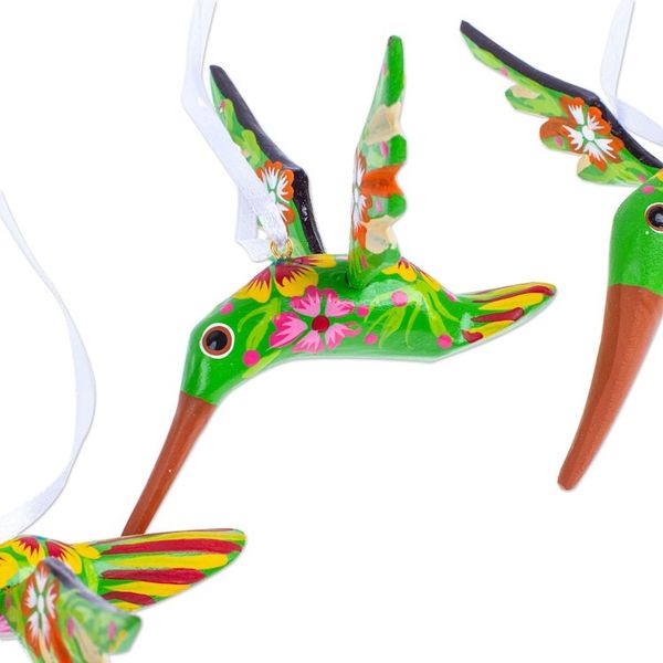 Alternate image for Set of 4 Handcrafted Copal Wood Bird Ornaments in Kiwi Kiwi Flutter