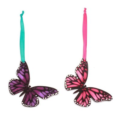 Alternate image for Pair of Hand-Painted Wood Butterfly Ornaments with Ribbons Monarchs of Hope