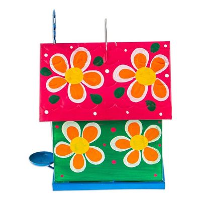 Alternate image for Hand-Painted Floral Tin Birdhouse and Feeder with Blue Bird Merry Feathers