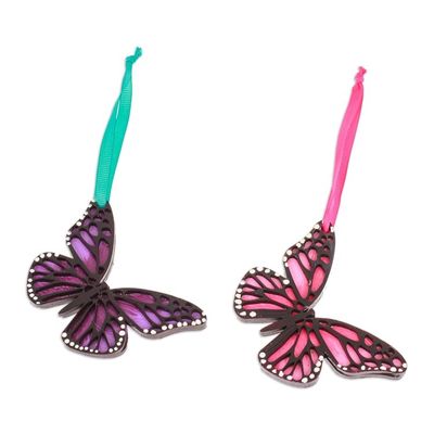 Alternate image for Pair of Hand-Painted Wood Butterfly Ornaments with Ribbons Monarchs of Hope
