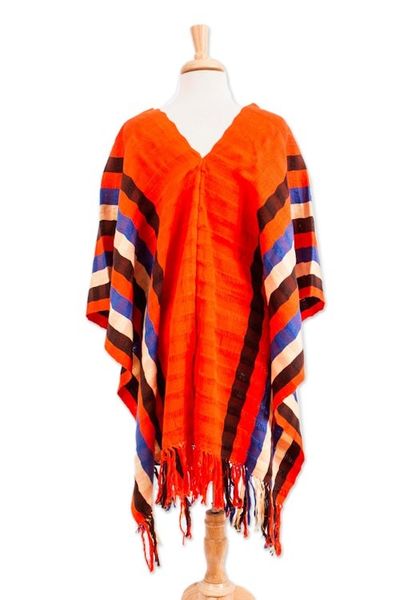 Alternate image for Striped Cotton Poncho in Vermilion from Mexico Vermilion Style