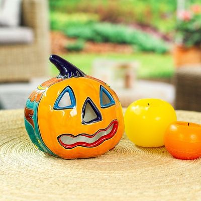 Alternate image for Ceramic Jack-O-Lantern Candle Holder from Mexico Floral Halloween
