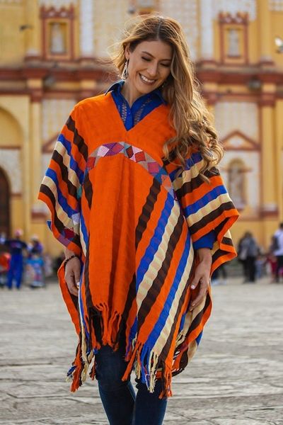 Alternate image for Striped Cotton Poncho in Vermilion from Mexico Vermilion Style