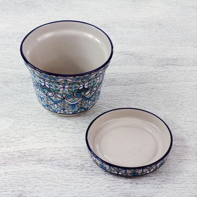 Alternate image for Artisan Crafted Plant Pot and Saucer in Blue and Green Guanajuato Azul