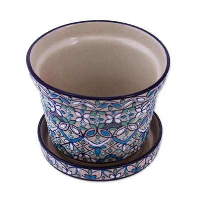 Alternate image for Artisan Crafted Plant Pot and Saucer in Blue and Green Guanajuato Azul