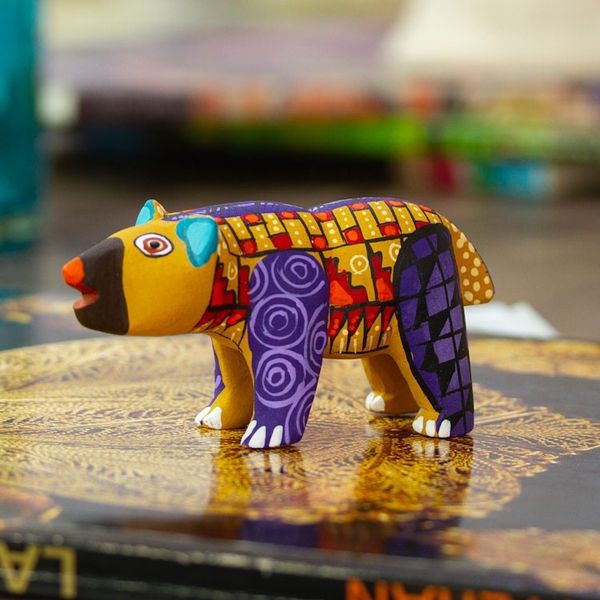 Alternate image for Handmade Geometric Yellow Copal Wood Bear Alebrije Figurine The Noble Master in Yellow