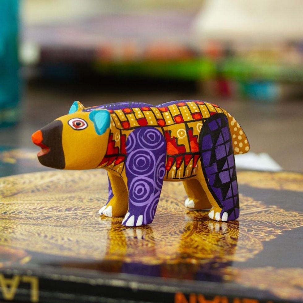 Handmade Geometric Yellow Copal Wood Bear Alebrije Figurine 'The Noble Master in Yellow'