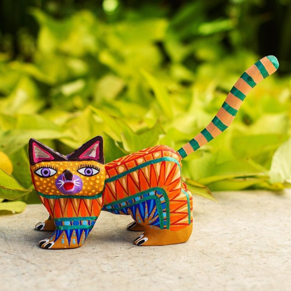 Multicolored Wood Alebrije Cat Figurine from Mexico 'Walking Festive Cat'