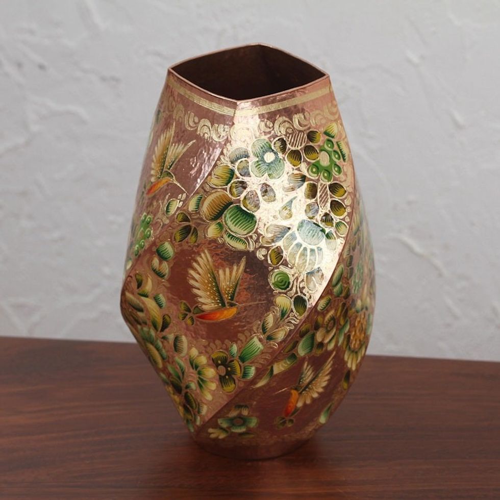Hummingbird Motif Gold Accented Copper Vase from Mexico 'Hummingbird Dream'