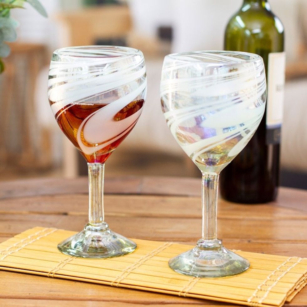 2 Handblown Eco-Friendly Wine Glasses Iridescent Reflections 'White Threads'