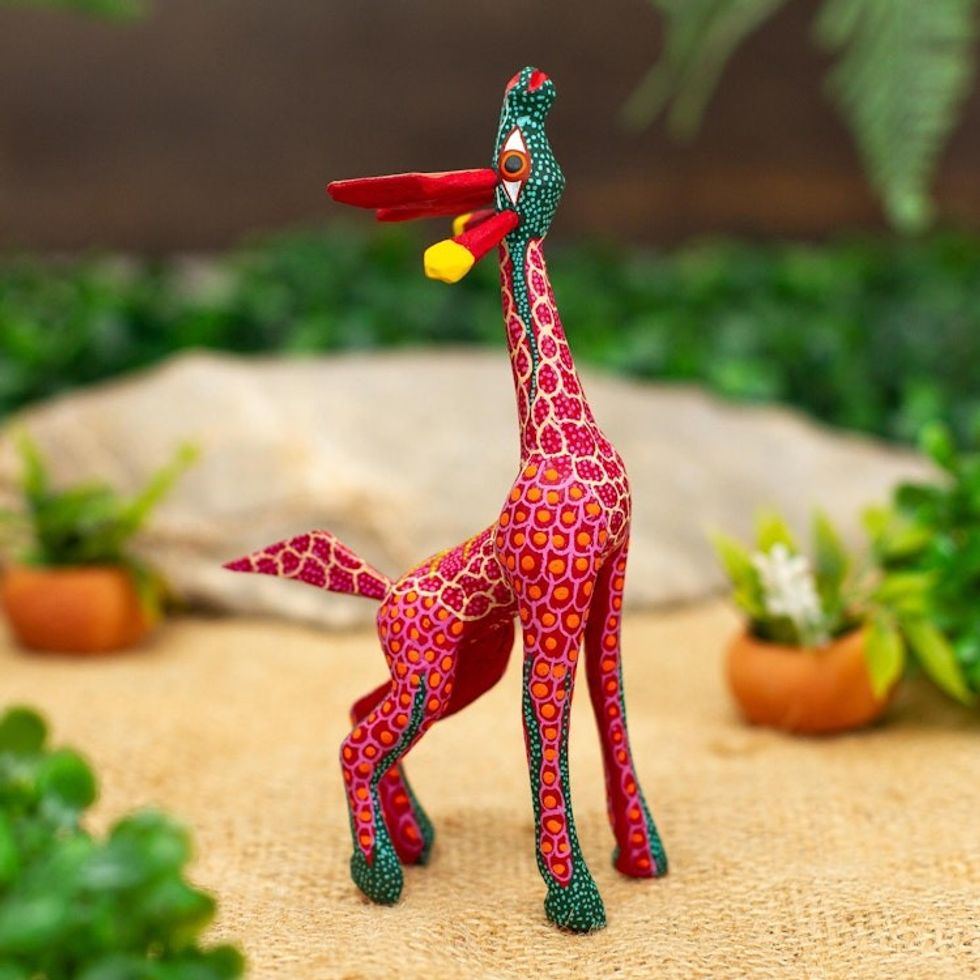 Wood Hand Painted Giraffe Alebrije Finely Painted in Red 'Stargazing Giraffe in Red'