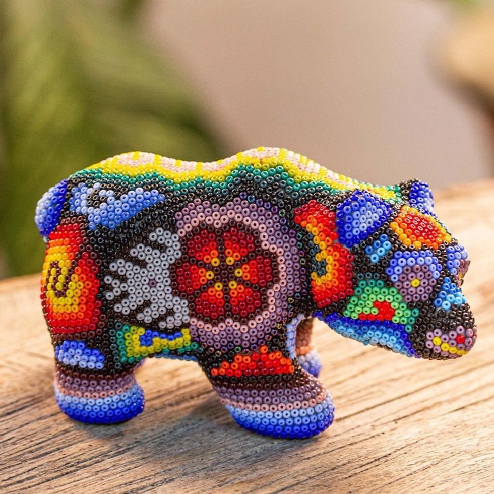 Huichol Bear Figurine from Mexico 'Flower Bear'