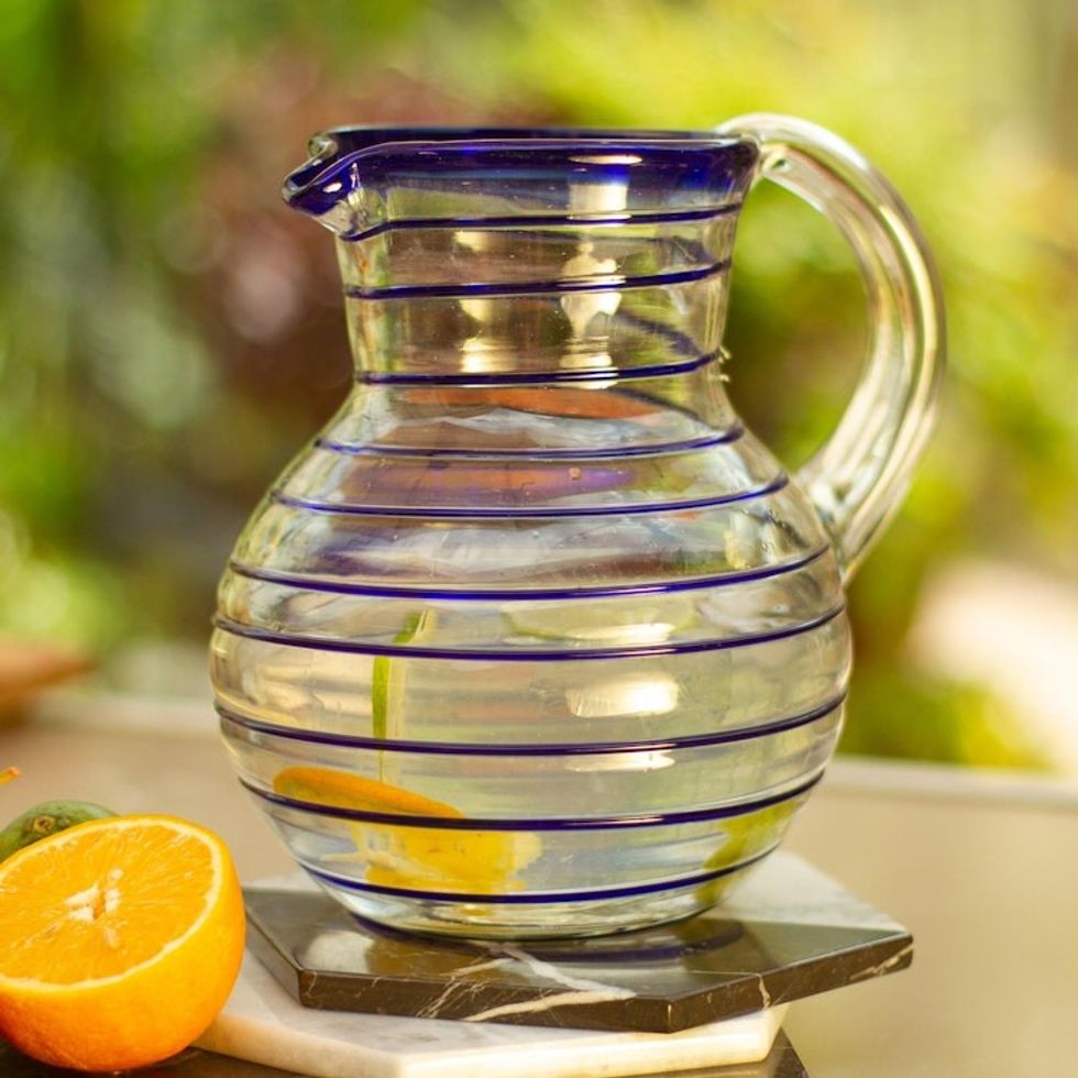 Mexican Handblown Recycled Glass Blue Stripe Pitcher 'Blue Spiral'