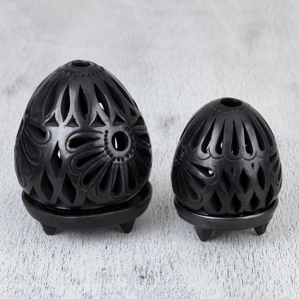 Oaxaca Black Pottery Ceramic Tealight Candleholders Pair 'Illuminate'