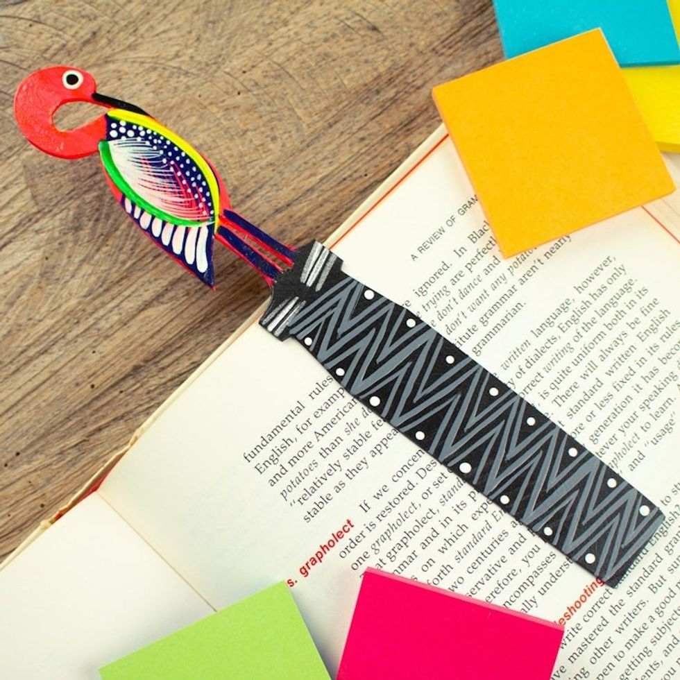 Hand-Painted Pink Flamingo Copal Wood Bookmark from Oaxaca 'Reading Flamingo'