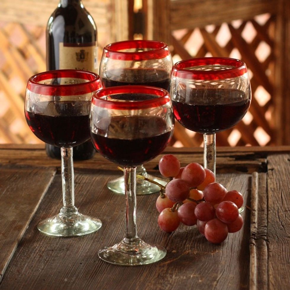 Set of 4 Hand Blown Wine Glasses Clear with Red Rim Mexico 'Ruby Globe'