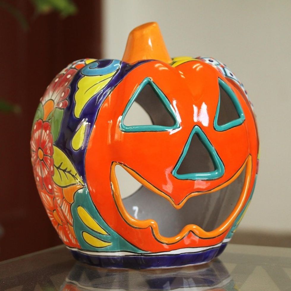 Floral Jack-O-Lantern Talavera Ceramic Candle Holder 'Jolly Jack-O-Lantern'