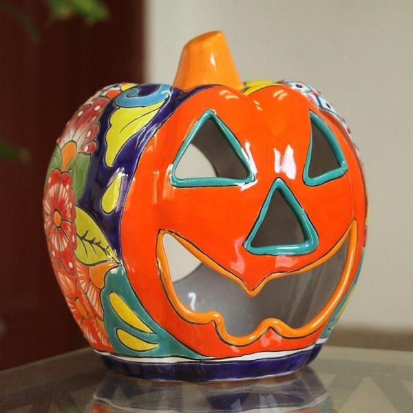 Alternate image for Floral Jack-O-Lantern Talavera Ceramic Candle Holder Jolly Jack-O-Lantern