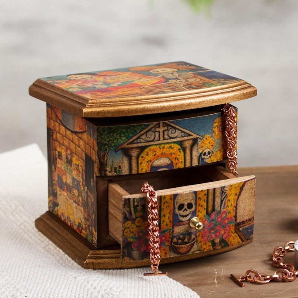 Unique Decoupage Multicolor Wood Jewelry Box 'Celebrating Day of the Dead'