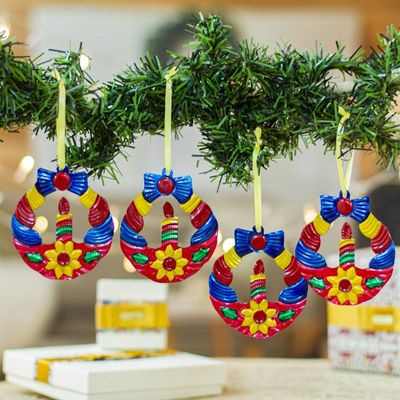 Alternate image for Hammered Tin Wreath Ornaments from Mexico Set of 4 Candlelit Wreaths in Fuchsia