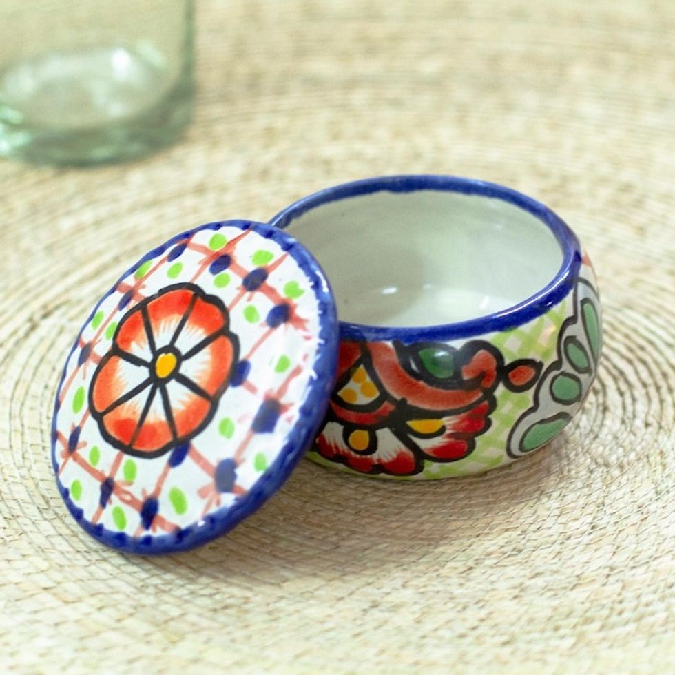 Talavera-Style Decorative Ceramic Box 'Hidalgo Bouquet'