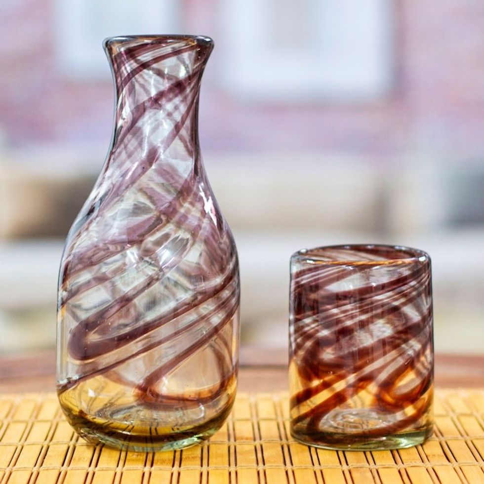 Brown Handblown Recycled Glass Carafe and Cup Set Pair 'Hypnotic Brown'