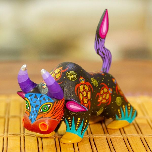 Alternate image for Hand-Painted Colorful Wood Alebrije Bull Figurine in Black Sea Bull