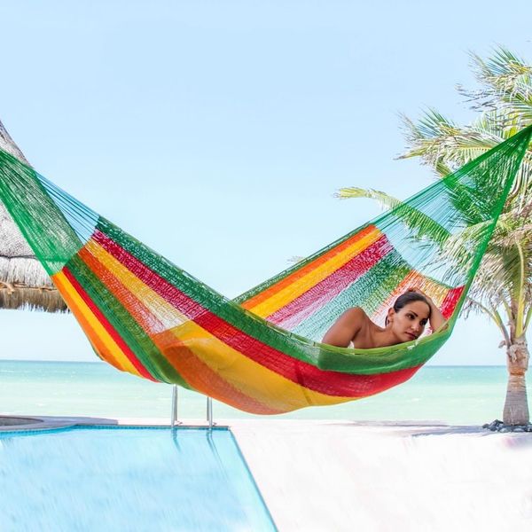 Alternate image for Green and Yellow Cotton Maya Hammock with Red Trim Colima