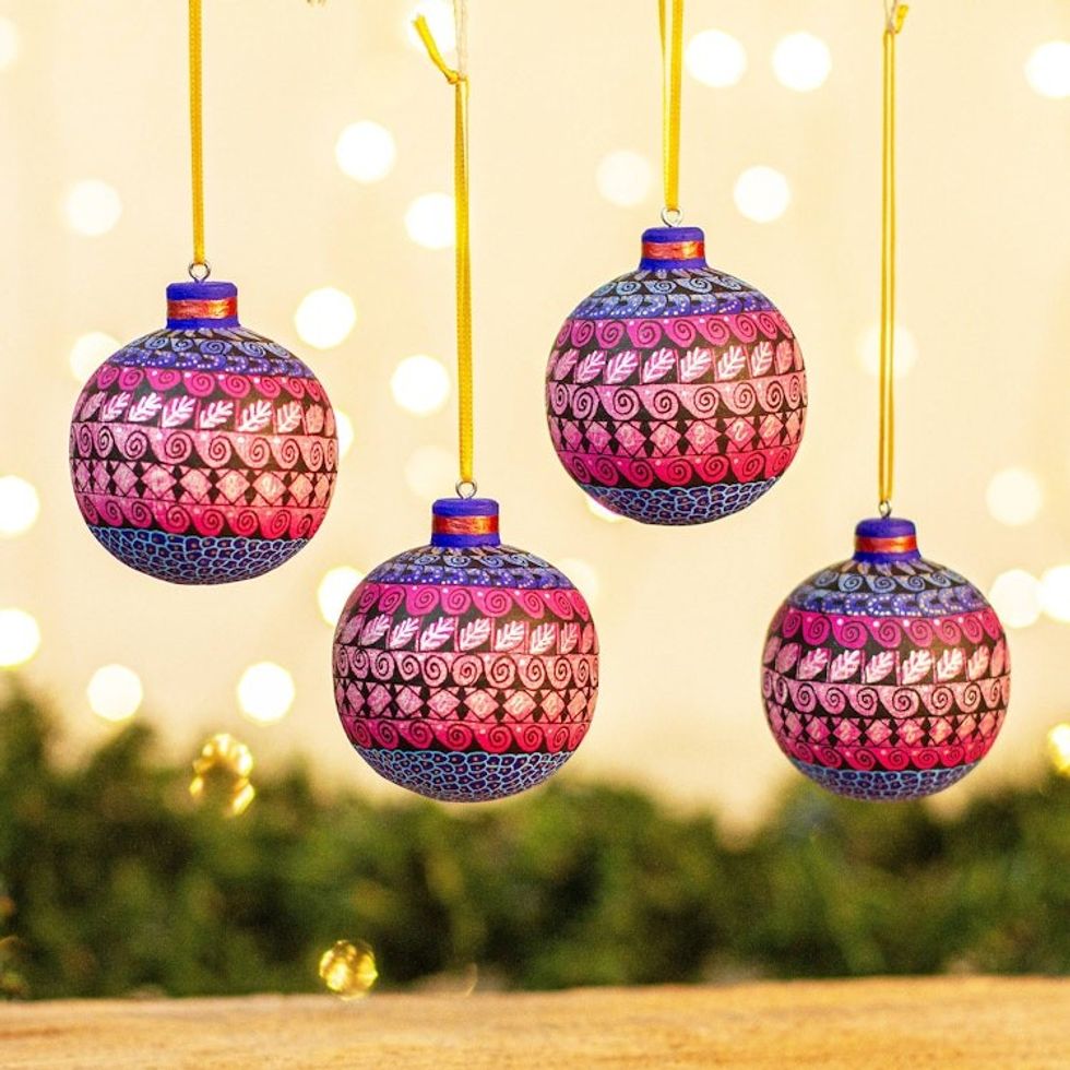 Handmade Alebrije-Style Ornaments Set of 4 'Oaxacan Sunset'