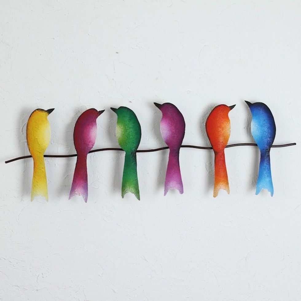 Steel Wall Sculpture of Six Colorful Birds from Mexico 'Singing Sextet'