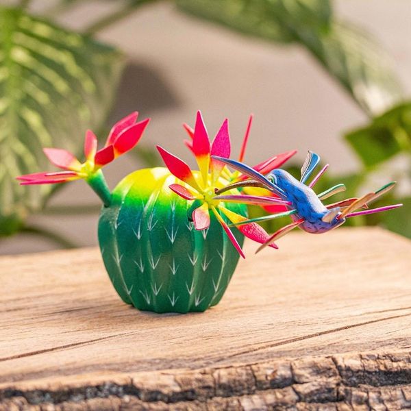 Alternate image for Hand Painted cactus and Bird Alebrije Sculpture Hummingbirds Delight